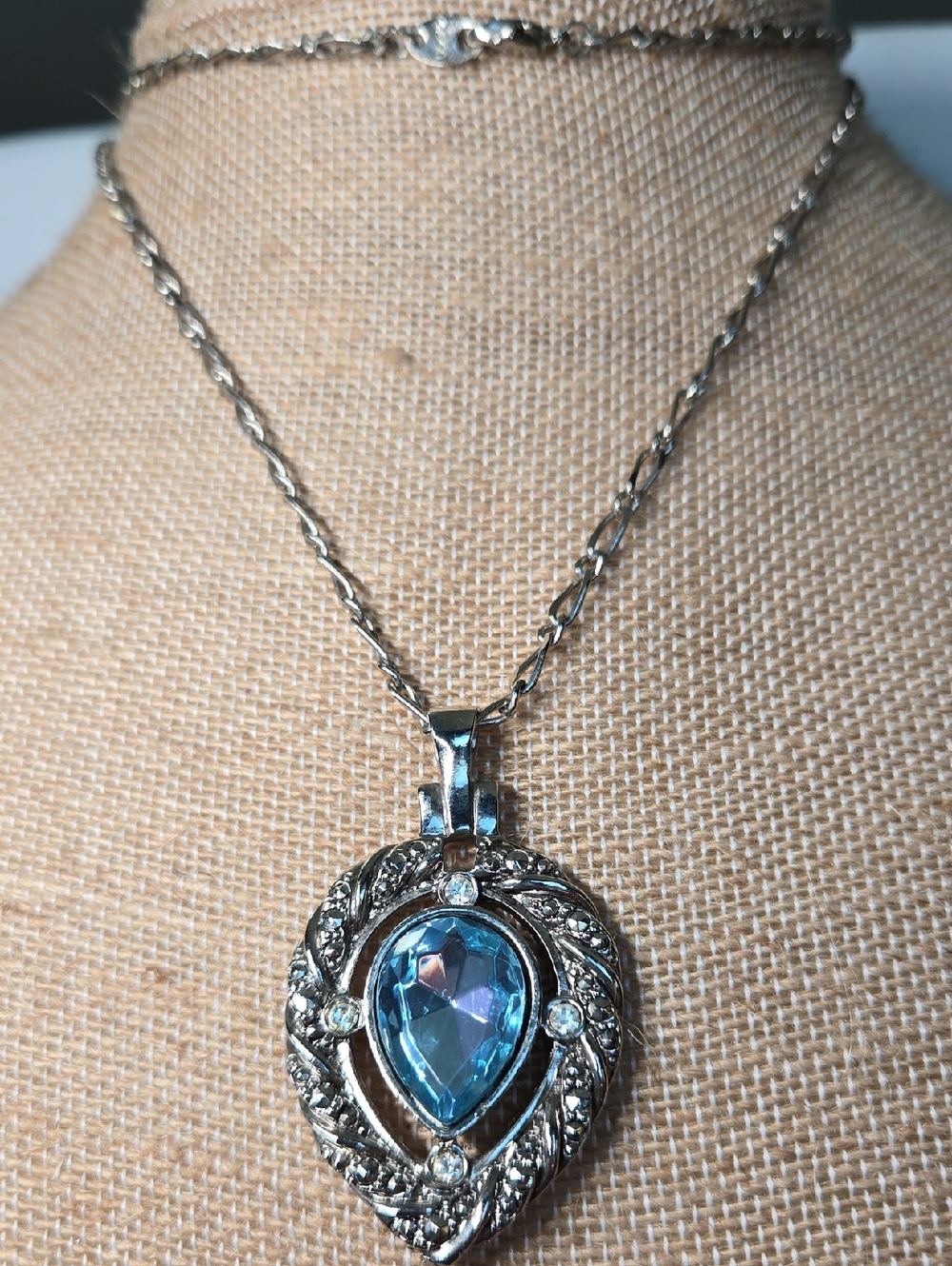 Avon Silver-Tone Necklace with Blue Teardrop Pendant